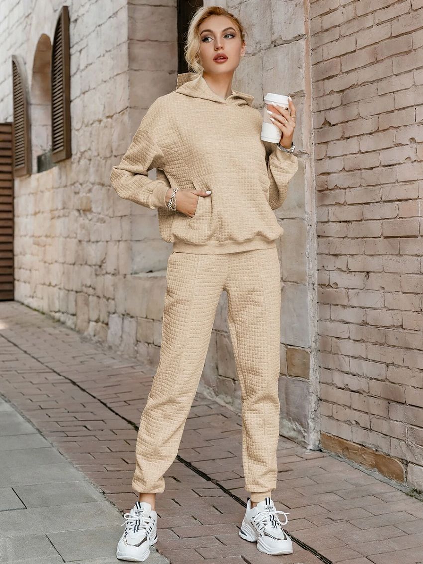 Women Raglan Sleeve Pocket Hoodie Two-Piece Tracksuit Sportwear Set - Khaki