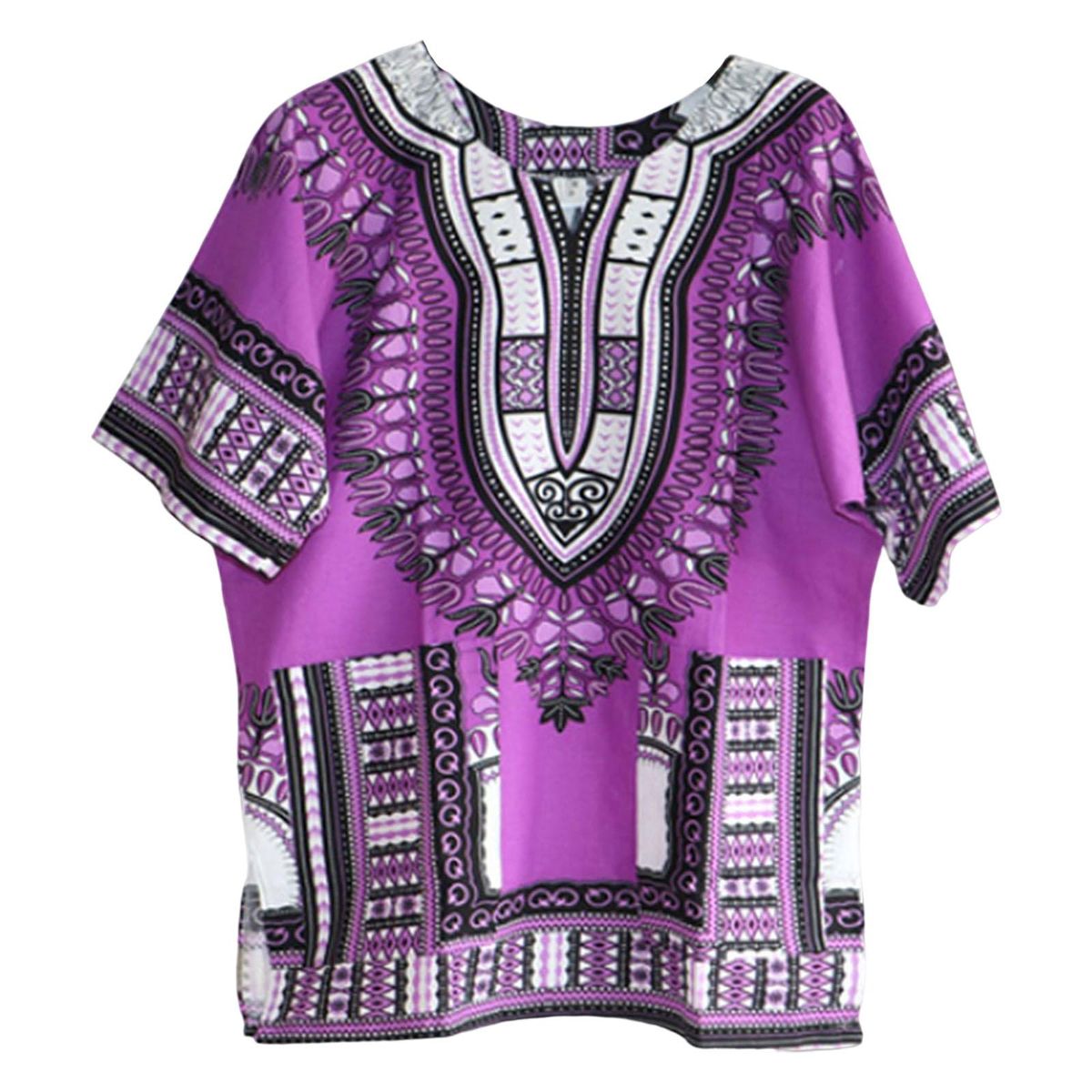Unisex African Dashiki Shirt V Neck Short Sleeve One Size  Purple
