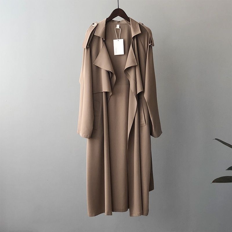 Ladies Retro Fashion Long Loose Windbreaker Jacket - Khaki