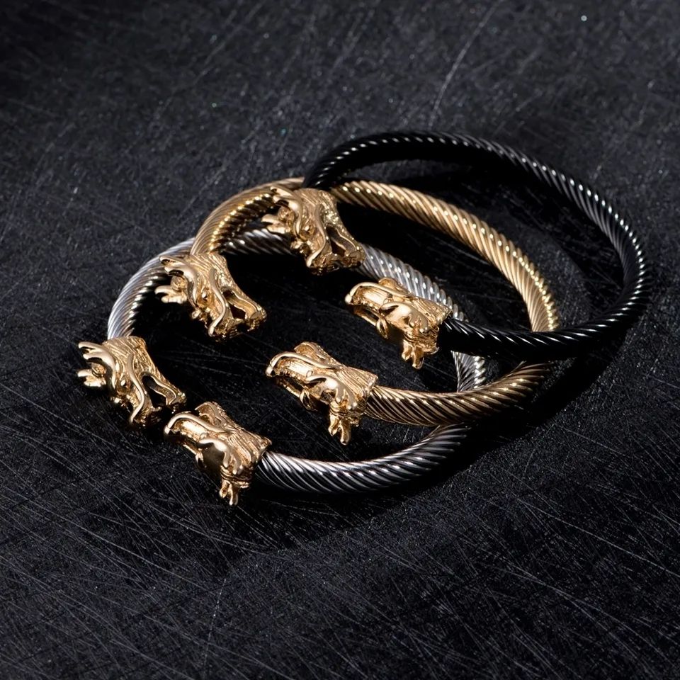 Stainless Steel Double Dragon Bracelet Cable Wire Cuff Bangle Jewelry Viking Bracelet Men Women