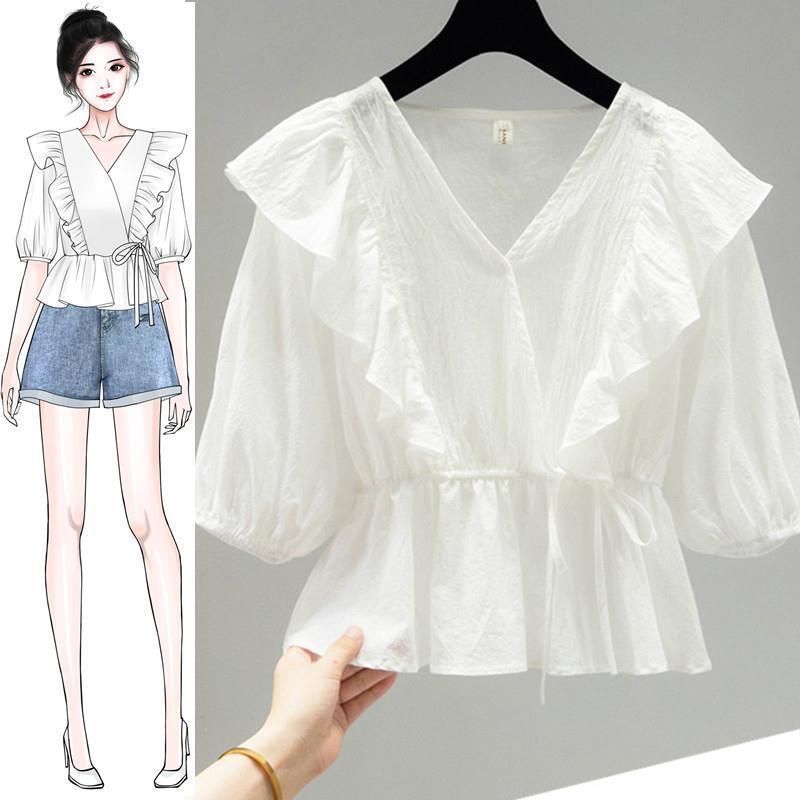 Chiffon Shirt White Short Sleeve Women's Summer 2023 New Belly-Covering Fairy Waist-Tight Top Clothes Western Style Small Shirt