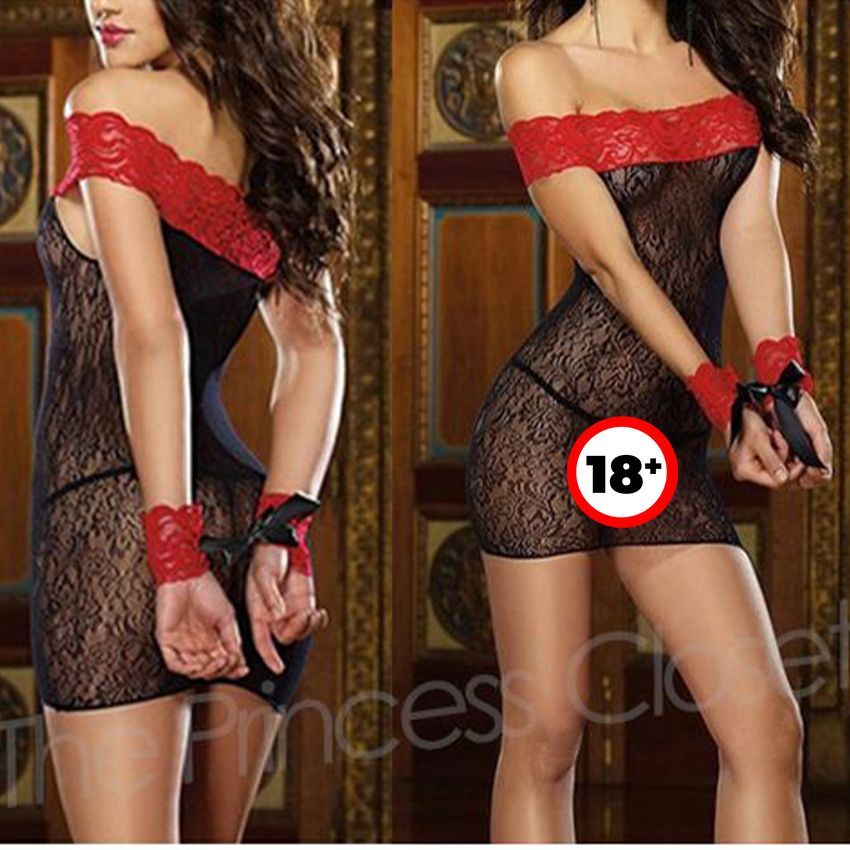 N15 Sexy Lace Net Lingerie Nightwear & Nightdress-Black&Red