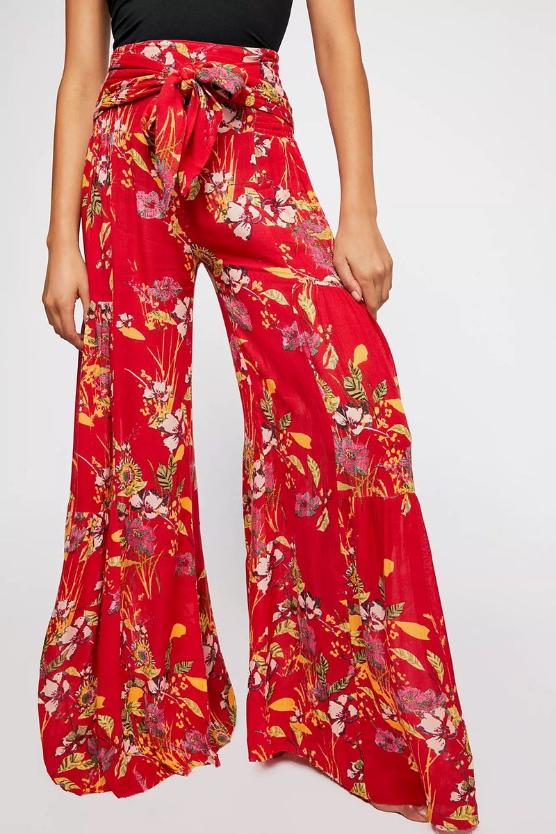 Ladies Beach Wide Leg Pants Tie Pants Digital Printing Loose Casual Pants - Red