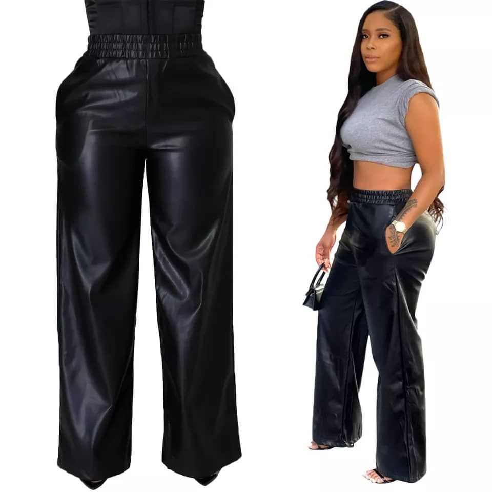 Ladies Banded High Waist Leather Pants- Black