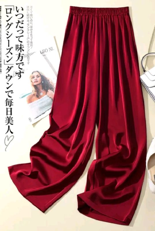 Wine Red  Luxury Turkey Shiny Silk Trouser Dress Women's Elastic Waist Wide Leg Palazzo  Pants