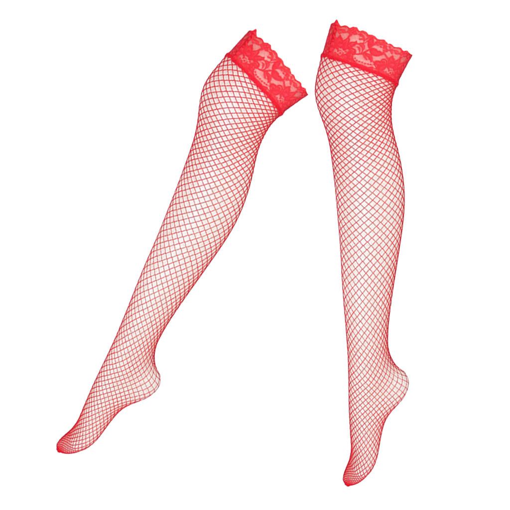 Sexy Ladies Fishnet Thigh-High Stockings Net Mesh Elastic Lace Red