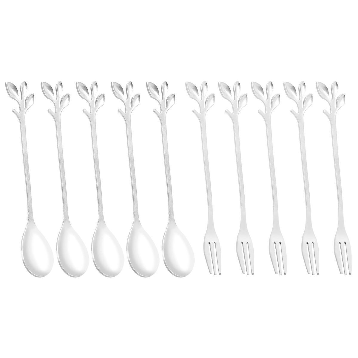 5Spoon5Forks Stainless Steel Leaf Coffee Cake Spoon Fork Dessert Spoons Stirring Teaspoon Set Silver