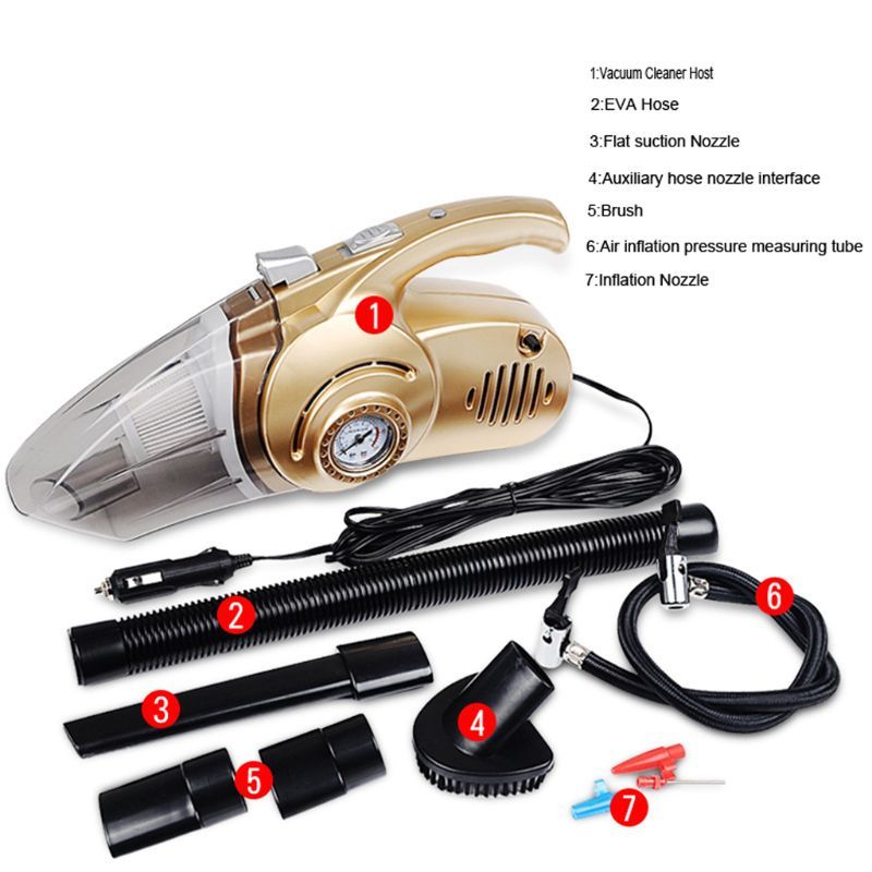 4-in1 MultiFunction Car Vacuum Cleaner Wet And Dry Duster Auto Care With Tire Pressure Gauge And Air Pump Inflator Lighting-