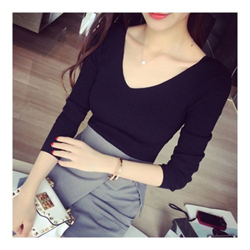 Autumn V Neck Sweater Women Winter Knitted Slim Back V-neck Pullover Tops Casual Long Sleeve Knitting Stretch Sweater Pull Femme(#Black)