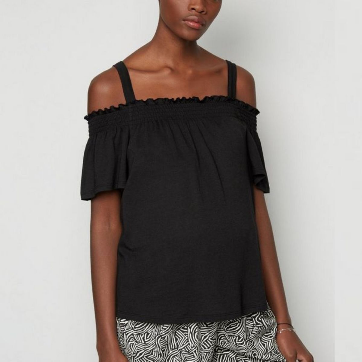 Bardot Neckline Thick Strap Black Maternity Top