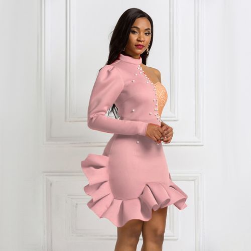 Sexy Dinner Party Dress Ladies Hot Ruffles And Lace Mini One Shoulder Party Dress