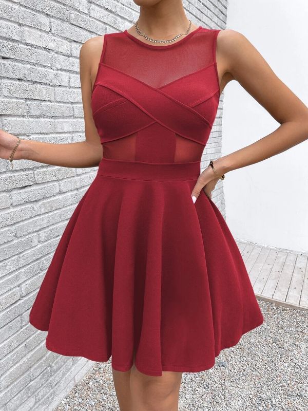 Ladies Sheer Mesh Insert Crisscross Skater Dress