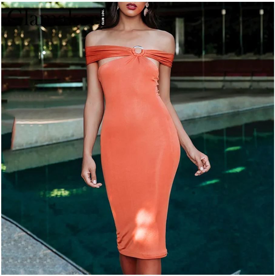 Women Asymmetrical Backless Off Shoulder Sexy Sleeveless Bodycon Dress - Peach