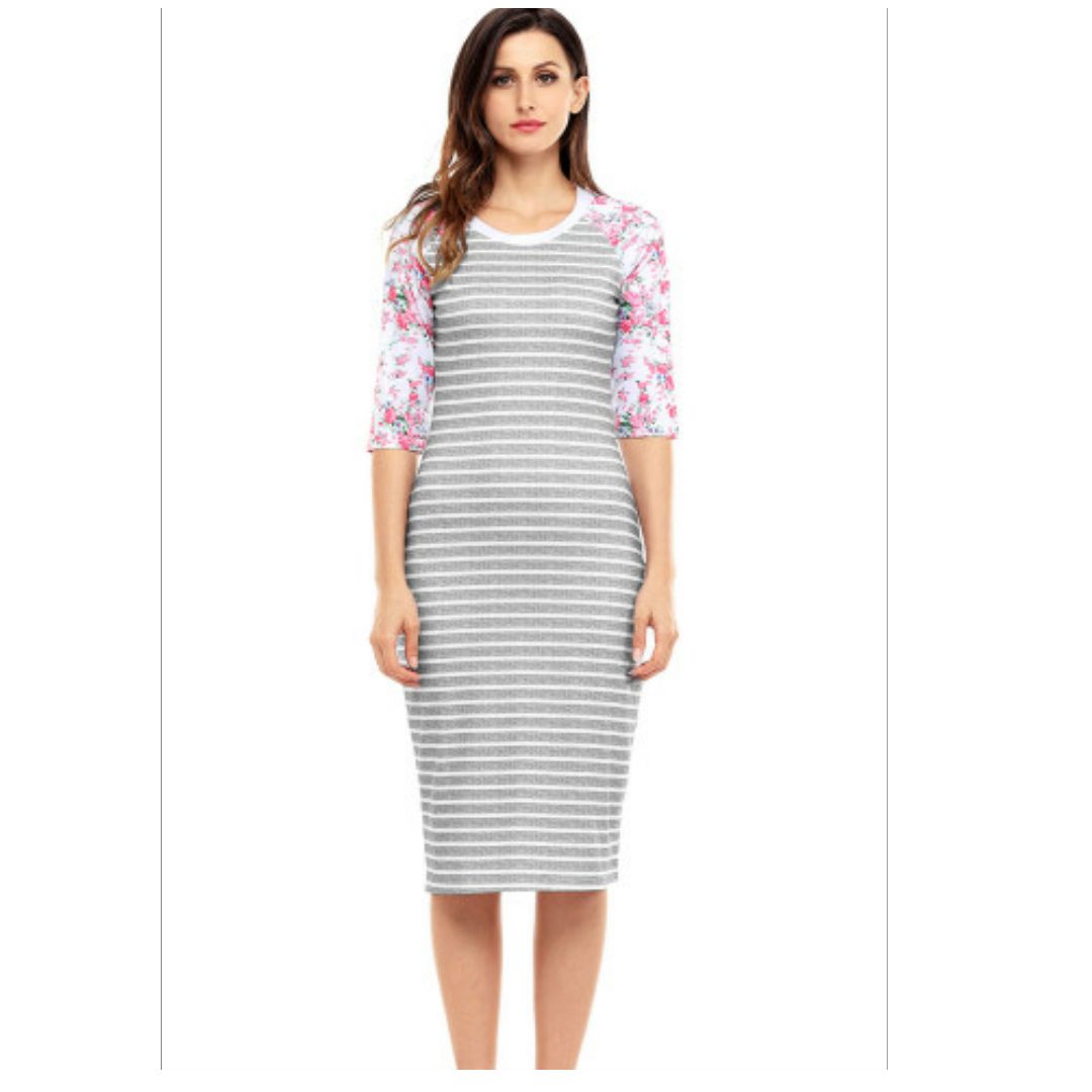 Mfed Grey White Stripe Floral Sleeve Midi Dress