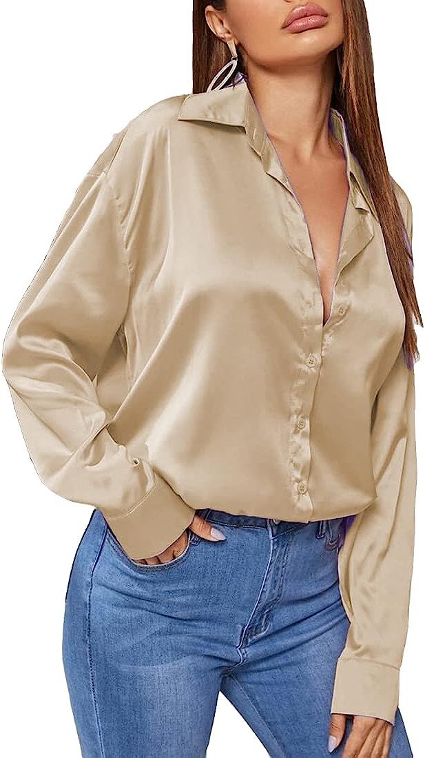 Button Down Satin Silk Shirt Long Sleeve Ladies Women Top Blouse