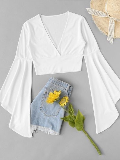 White Ladies Crop Top With Flounce Sleeve