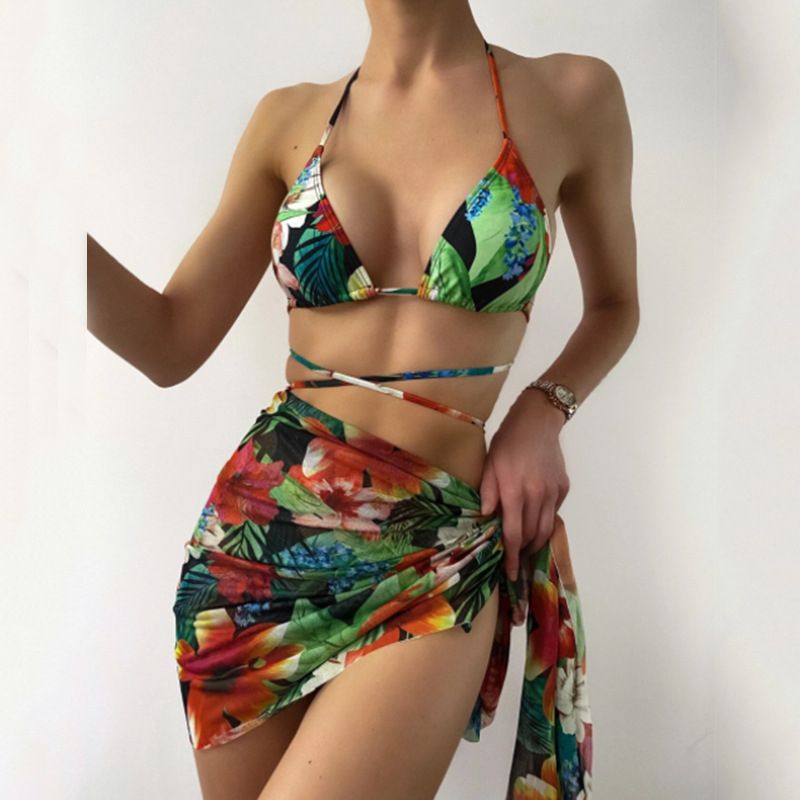 New Bikini Split Mesh Swimsuit For Women Three Piece Set Printing Sexy Bikini