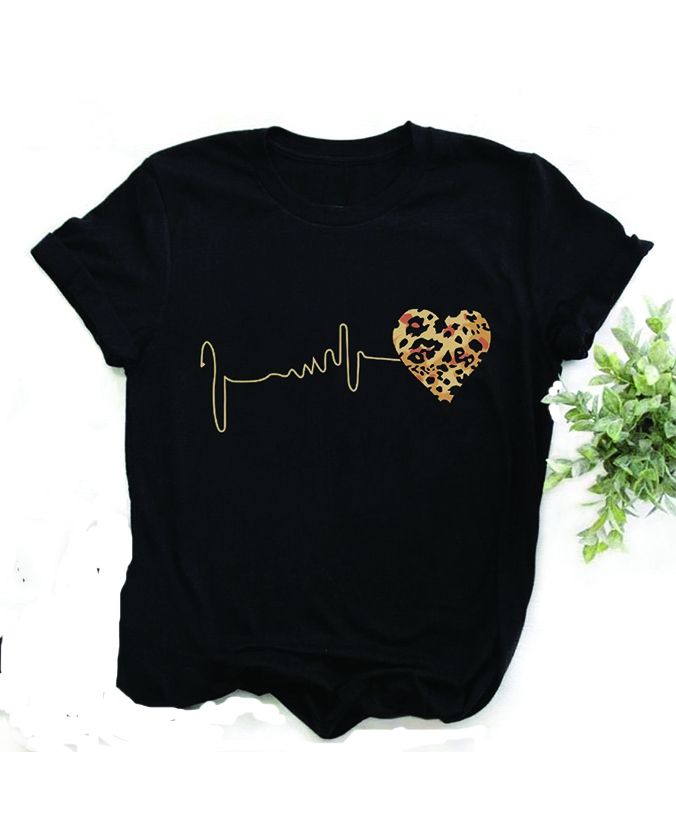 Black Ladies Round Neck Polo Printed T-Shirt