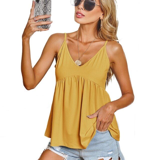 Women Sleeveless Strappy Tank Sexy V-Neck Peplum Pleated Hem Camisole Camis