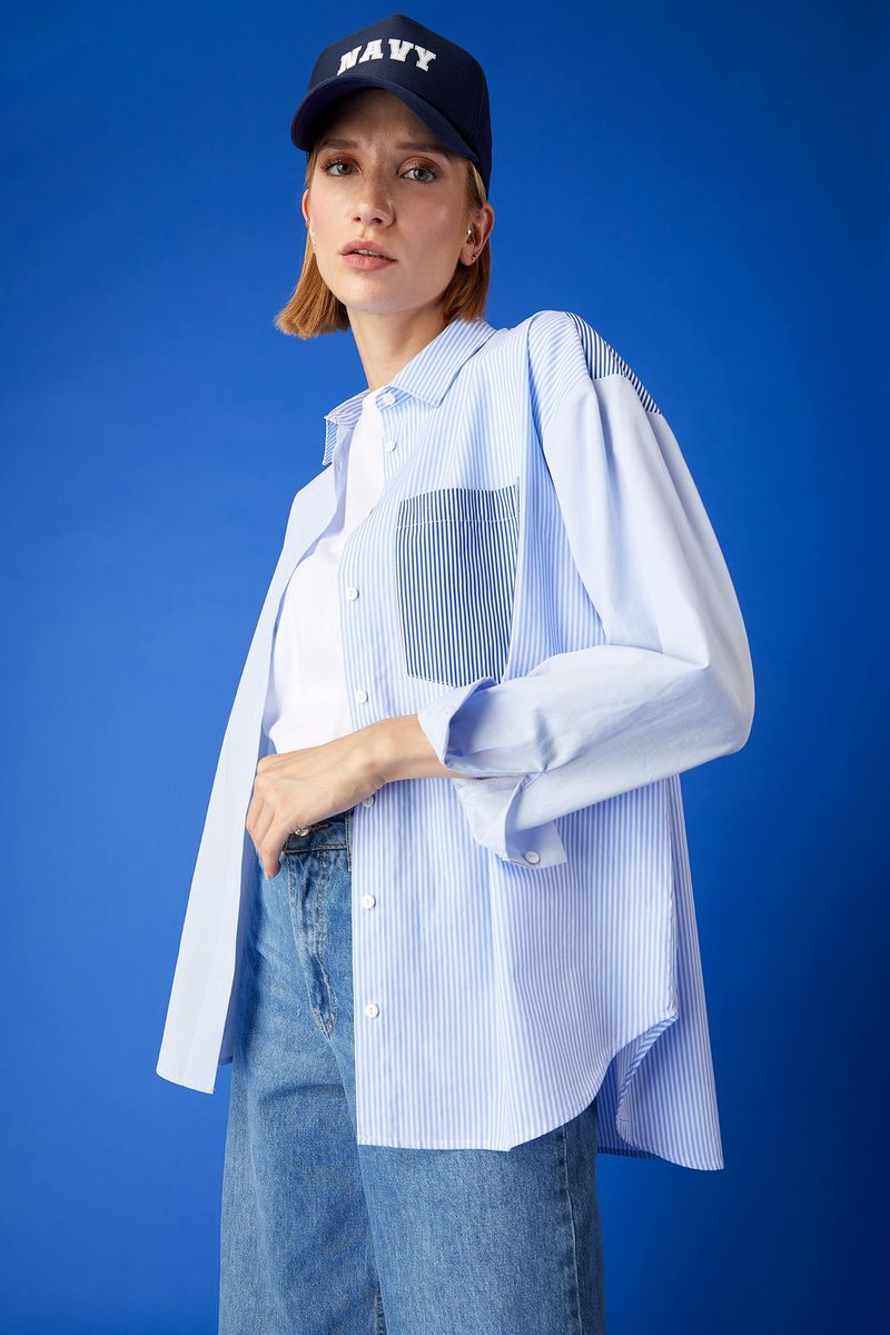 Woman Oversize Fit Shirt Neck Woven Long Sleeve Shirt - Blue