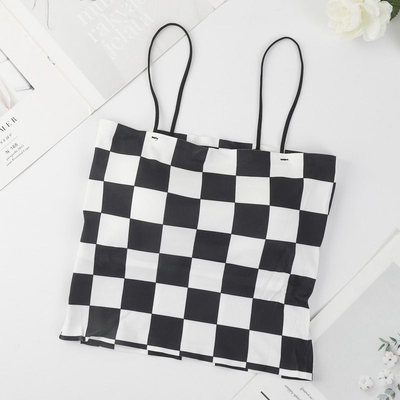 (Black)Fashion Checkerboard  Ladies Crop Tops Women Plaid Threaded Ice Silk Tank Tops Slim Backless Short Vest Lingerie Female Tops WEF