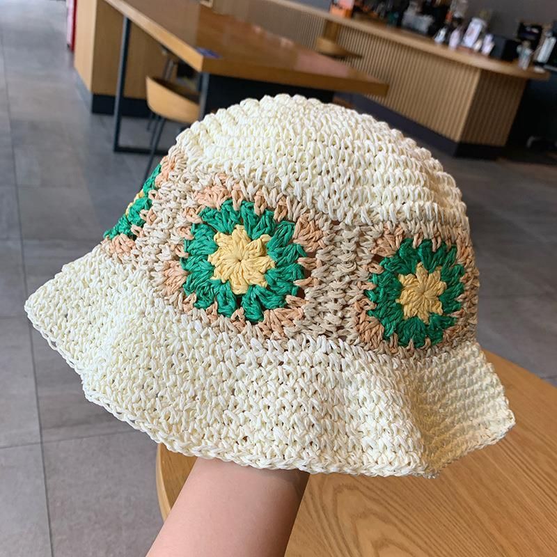 cream white Summer Outdoor Paper Straw Hat Women Beach Holiday Sun Wide Brim Hand Woven Flowers Daisy Bucket Straw Hat