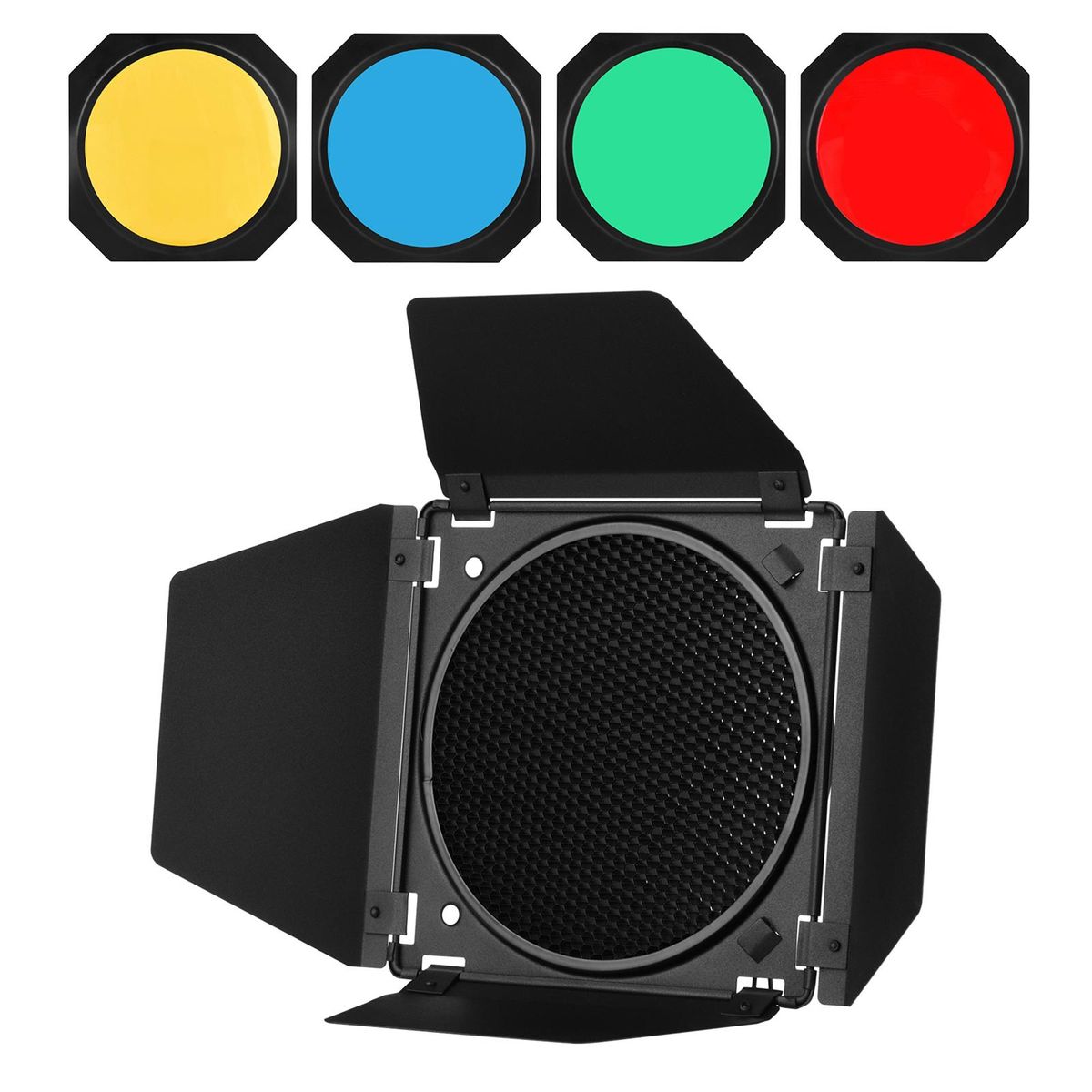 Andoer Photography Light Barn Door Barndoor Kit with Honeycomb Grid 4pcs Color Filters(Red/Yellow/Blue/Green) for 7 Inch Standard Reflector Strudio Portrait Product Photography