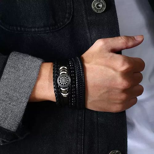 4 In 1 PU Leather Mens Bracelets Retro Braided Adjustable Hand Bracelet