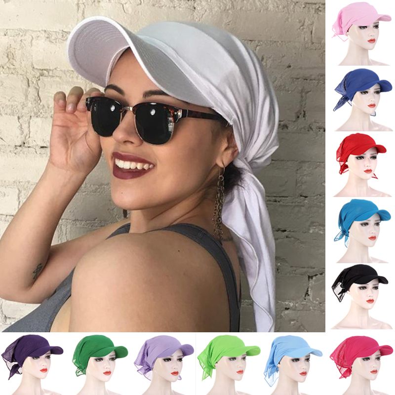 1PC Women Durag Brim Cap Sun Visor With Pre-Tied Turban Caps Head Scarf Hijab Pure Color Muslim RA