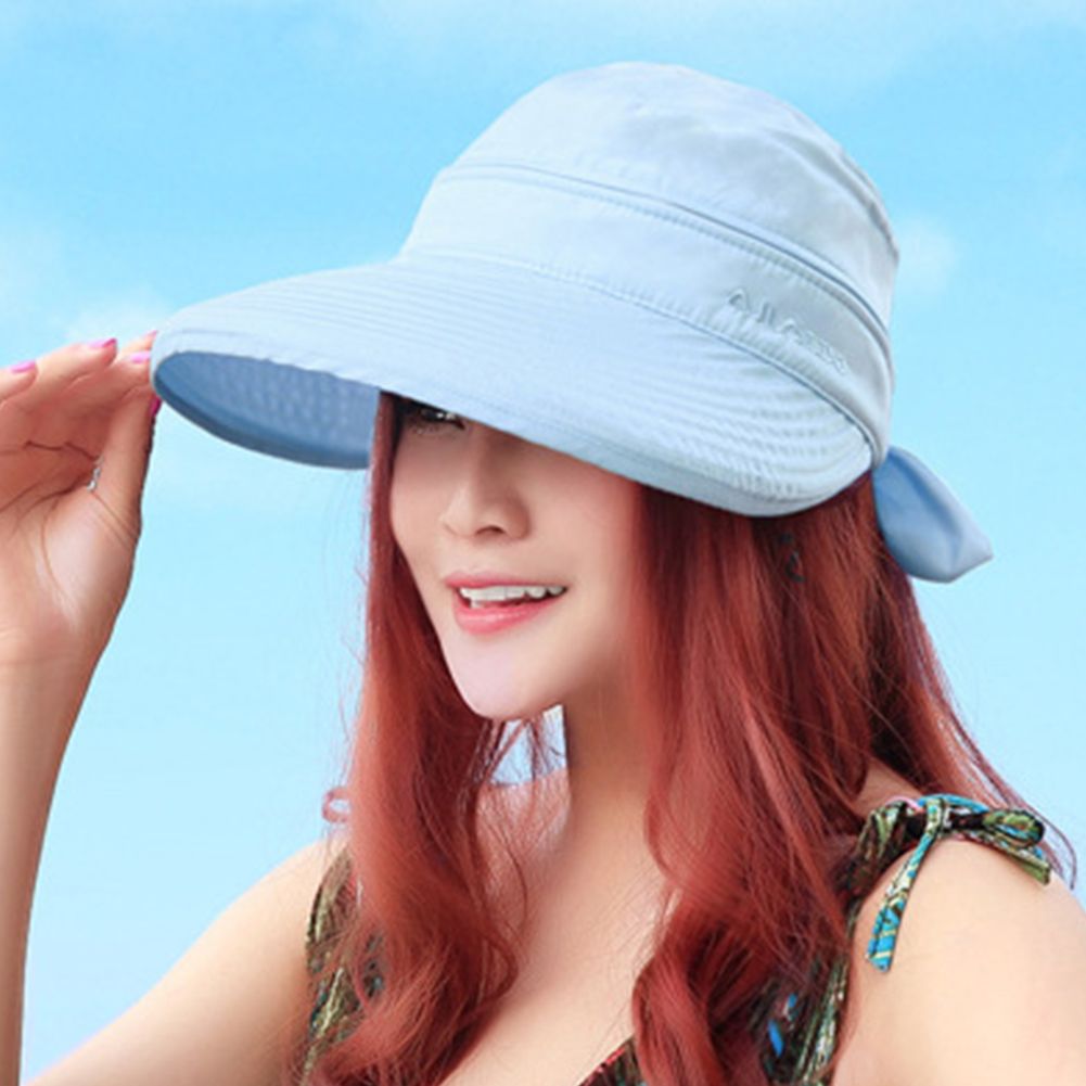 （Blue）Summer Solid Beach Bowknot Korean Style Ladies Travel Practical Visors Hiking Outdoor Sun RA