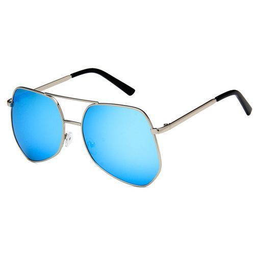 Metal Silver Big Frame Sunglasses Polygonal Reflective Blue Silver Lens