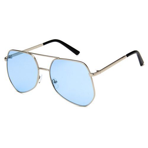 Metal Silver Big Frame Sunglasses Polygonal Reflective Light Blue Lens