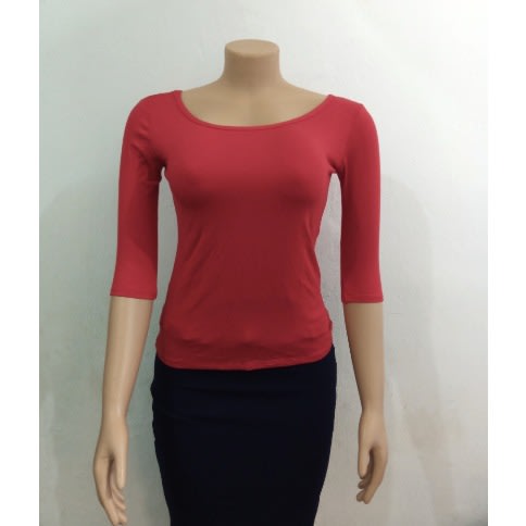 Ladies Round Neck Body Hug Top With 3/4 Sleeves - Red
