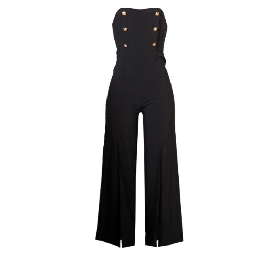 Tall Front Slit Buttoned Jumsuit - Black