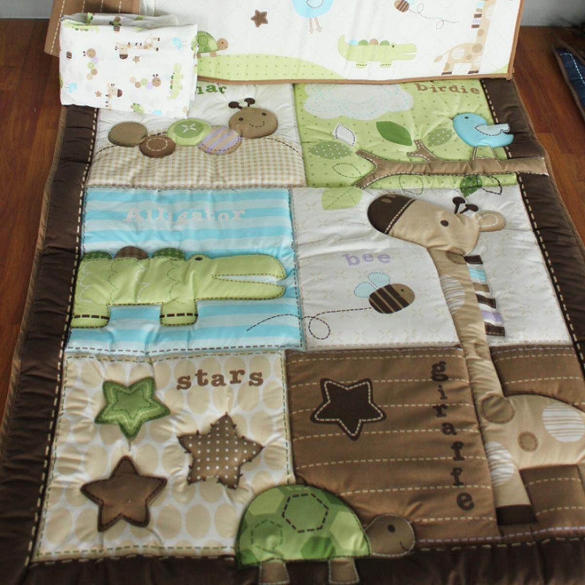 BABY Bedding Set Crib Cot Quilt 7pc Nursery Bumper Nappy Stacker GIRAFFE STARS