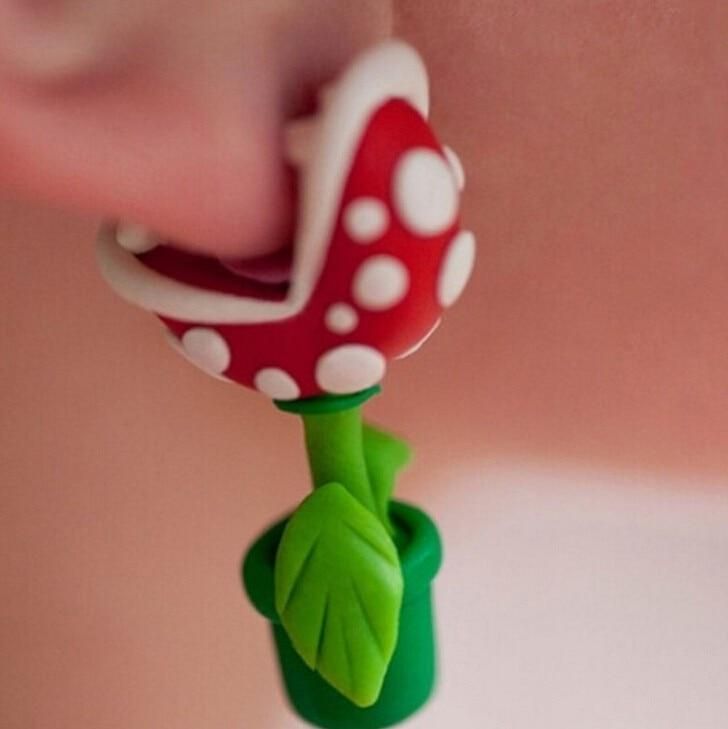 AOMU 1 Pair Unique Cute Handcrafted Polymer Clay Super Mario Piranha Plant Corpse Flower Ear Studs Earrings Women Girl  Jewelry