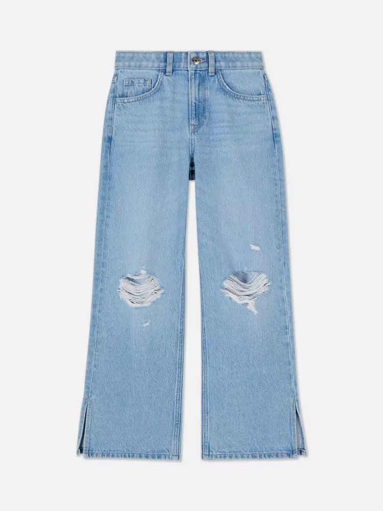 Girls Fashion Distressed Denim Wide Leg Split Hem Jeans