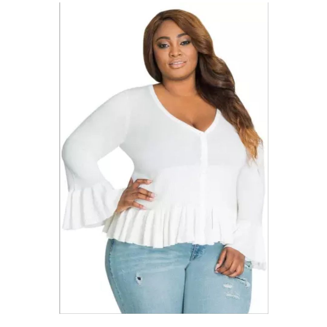 Mfed Ruffle Hem V Neck Plus Size Cardigan
