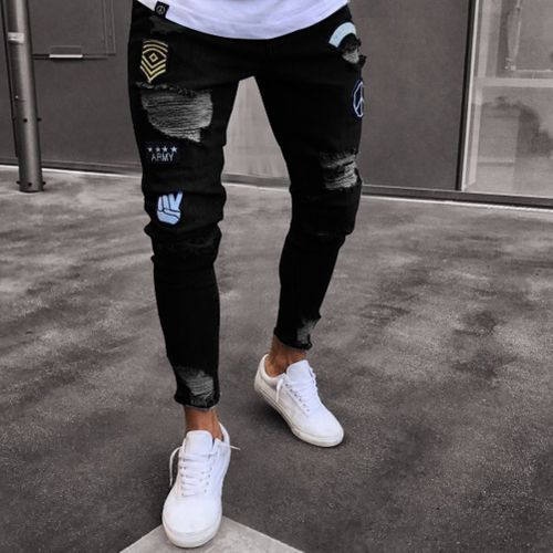 Men's Fashion Casual Badge Knee Shredded Tiny Feet Denim Trousers-805 Black