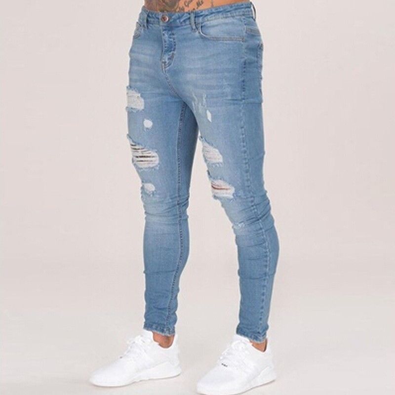 Mens Jeans Slim Pencil Pants Hole Ripped Design