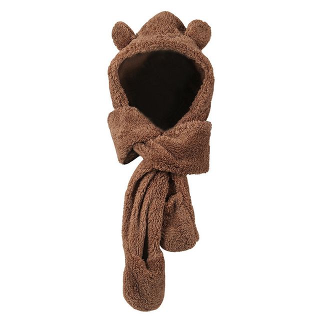 Cute Bear Ear Hat Scarf Gloves Set Winter Women Beanies Caps Warm Casual Plush Hats Casual Solid Fleece Girl Kawaii Present(#Brown)
