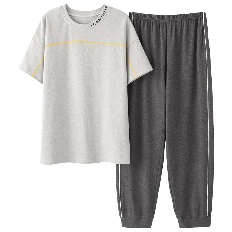 Summer Knitted Cotton Mens Pyjamas Casual Short Tops Lattice Long Pants Sets V-neck Pajamas Fashion Men Sleepwear Homewear M11 Size 5XL Asian(100-115Kg)