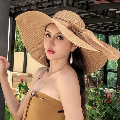 Women Summer Beach Travel Straw Hat Big Hat Brim Sunblock Sunshade Foldable