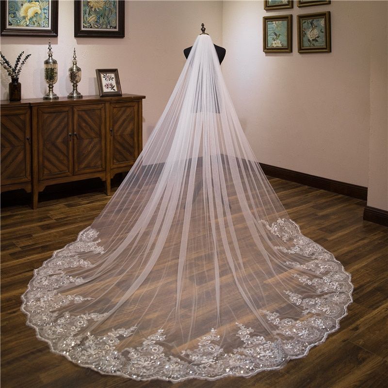 CPA887-FATAPAESE 3M Lace Edge Cathedral Wedding Veils 1 Layer With Comb   Long