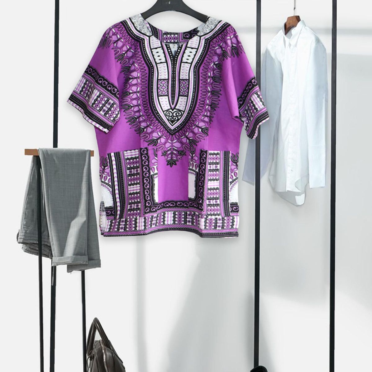 Men Women African Dashiki T Shirt Summer Wear Bright One Size  Purple