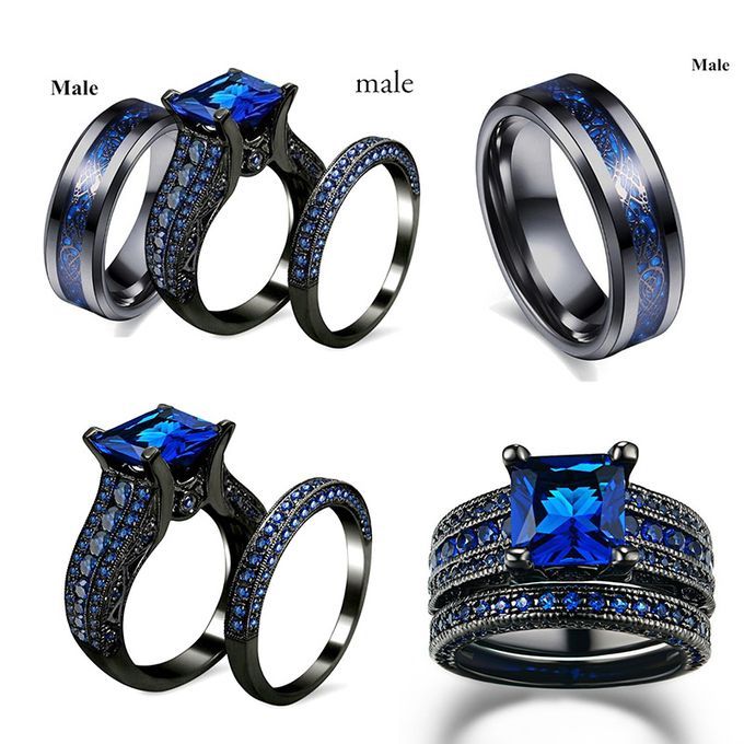 Black Wedding Ring Set Blue Diamond For Couple