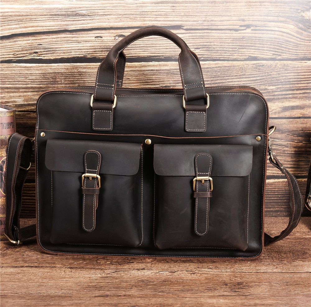 Large Leather Briefcase Bag 16  17.3 Inch Laptop Handbags Computer Bag For Men Male