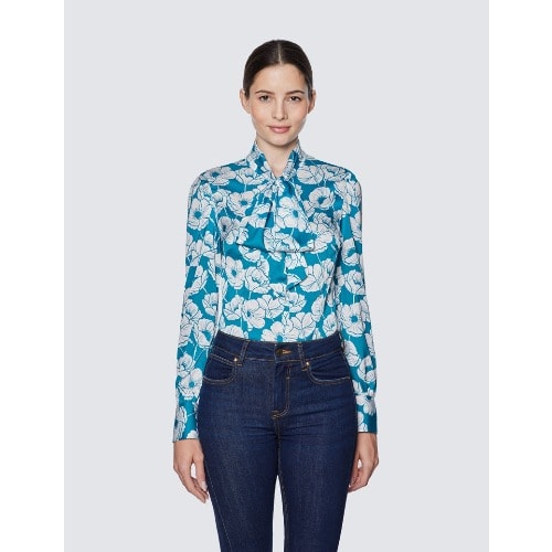 Women's Blue & White Floral Print Pussy Bow Blouse