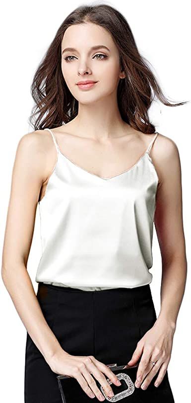 Off-White V Neck Satin Camisole Silk Top Loose Sleeveless Spaghetti Strap Tank Blouse For Women
