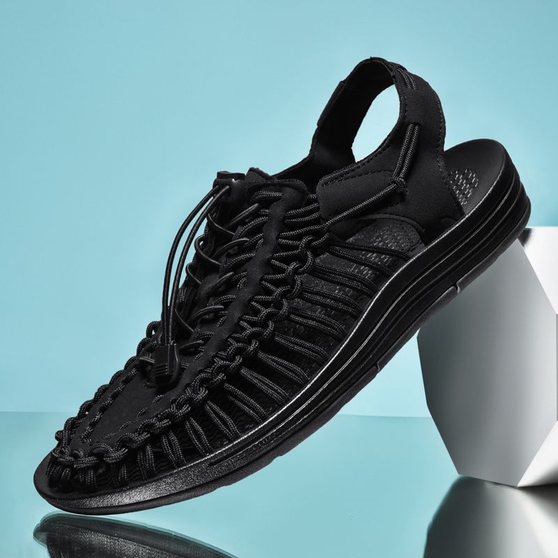 Summer Sandals Men Shoes EUR Size 35-48 Fashion Handmade Weaving Couples Gladiator Sandals Soft Non-slip Casual Beach Flat Sandals Black